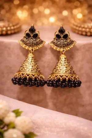 Classic Black Stone Gold Jhumka Earrings