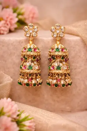 Colorful Gemstone Gold Jhumka Earrings