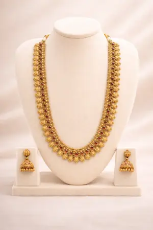 Elegant Ruby Beaded Gold Haram Necklace Set with Jhumka Earrings