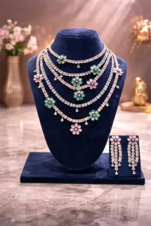 Floral Sparkle AD Layered Necklace Set