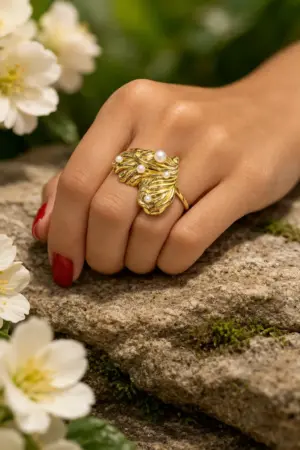 Gold-Plated Leaf Pearl Statement Ring