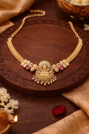 Lakshmi Temple Gold Necklace with Red and Pink Gemstones