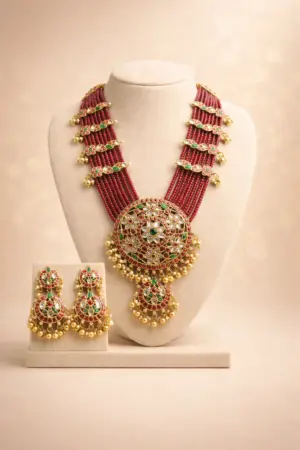 Royal Kundan Pearl Pendant Haram Set with Red Beads