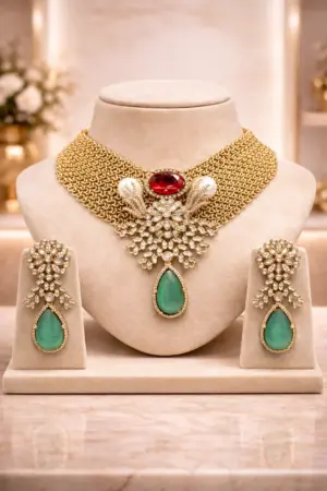 Royal Mesh Ruby Emerald AD Necklace Set