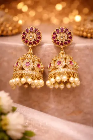 Ruby and Pearl Gold Jhumka Earrings
