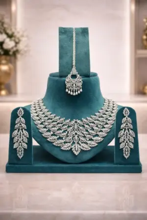 Silver Leaf AD Bridal Necklace Set