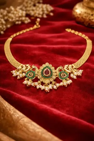 Traditional Choker Necklace with Ruby, Green Stones, and Pearl Drops
