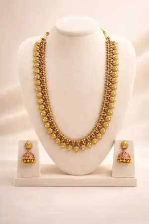 Traditional Coin Haram Necklace Set with Ruby Stones and Jhumka Earrings