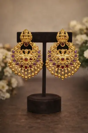 Traditional Gold Earrings with Red and Purple Stones