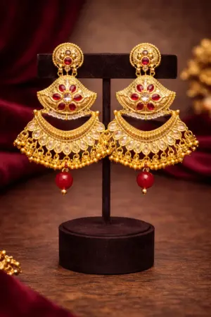 Traditional Gold Earrings with Red and White Stones
