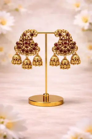 Traditional Gold Earrings with Ruby Stones and Pearl Tassels