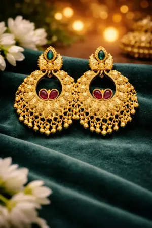 Traditional Gold Earrings with Ruby and Green Stones