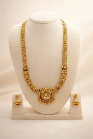 Traditional Lakshmi Gold Haram Necklace Set with Jhumka Earrings