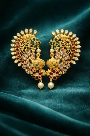 Traditional Peacock Design Earrings with Gemstones and Pearls