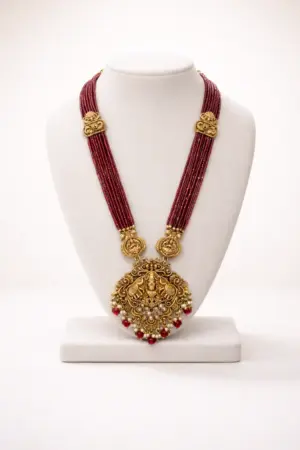 Antique Lakshmi Pendant Ruby Beaded Haram with Temple Design