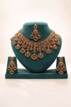 Antique Pink Stone Bridal Choker Set with Dangle Drops