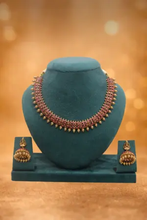 Antique Ruby Stone Choker Necklace Set with Gold Bead Drops