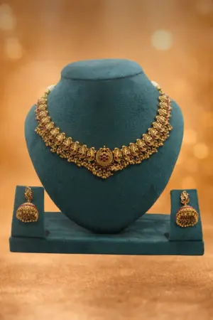 Antique Temple Choker Necklace Set with Ruby Stones