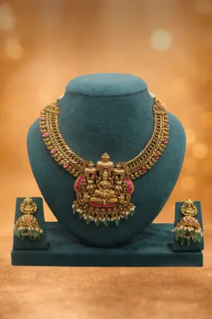 Grand Temple Lakshmi Antique Necklace Set with Green Beads