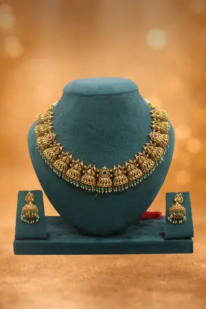 Temple Jhumka Motif Antique Necklace Set with Green Beads