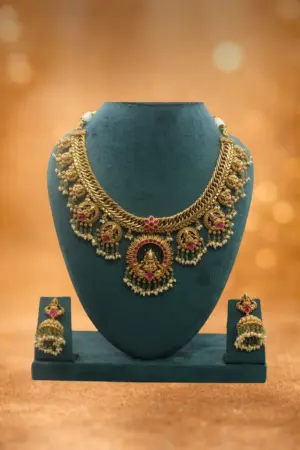 Temple Lakshmi Antique Necklace Set with Green Beads & Pearl Drops