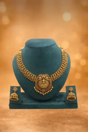 Temple Lakshmi Antique Necklace Set with Ruby Detailing