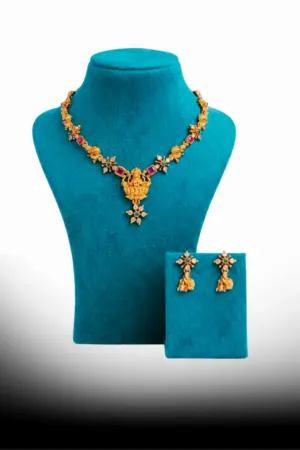 Antique Lakshmi Pendant Necklace Set with Matching Earrings