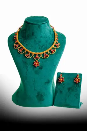 Antique Floral Stone Necklace Set with Matching Earrings