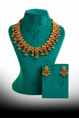 Antique Floral Stone Necklace Set with Matching Earrings